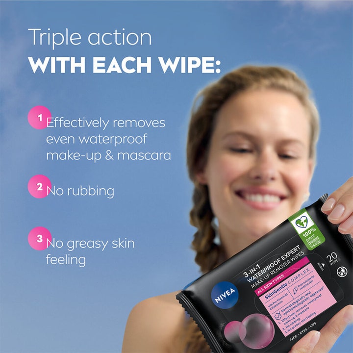 NIVEA MicellAIR Expert Wipes 20 stk sminkefjerner fjerner vannfast sminke vist med smilende kvinne