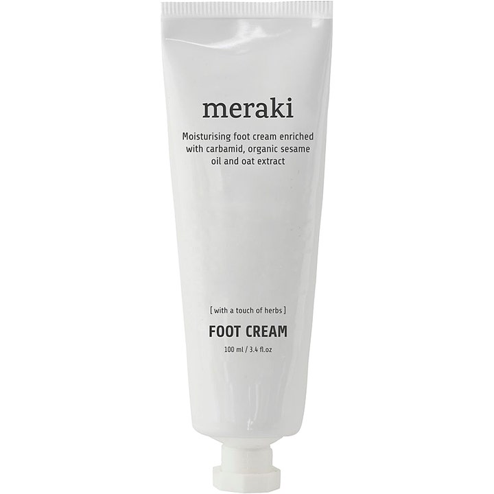 Meraki Foot Cream 100 ml pleiende fotkrem med karbamid og havre i en stilren hvit tube med hvit skrukork