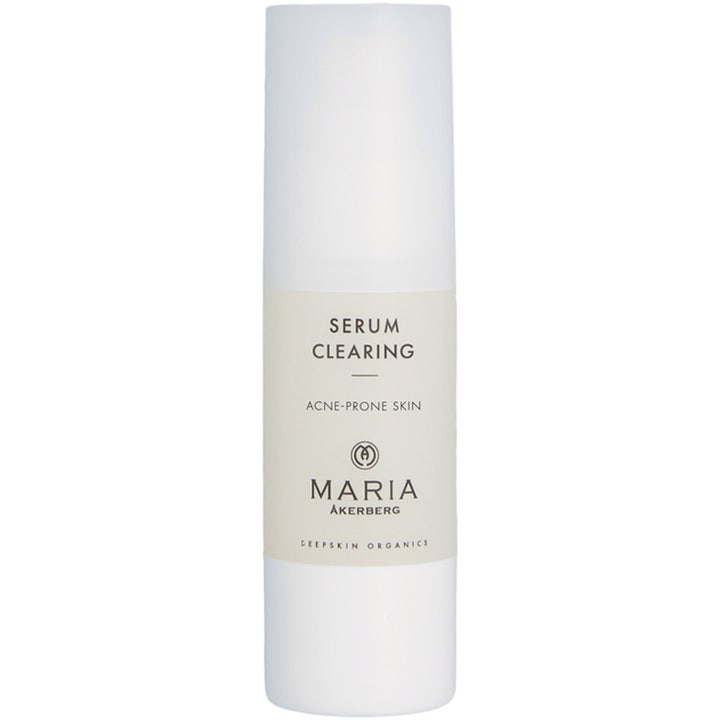 Maria Åkerberg Serum Clearing 30 ml rensende serum for uren hud i hvit sylindrisk flaske med beige etikett.