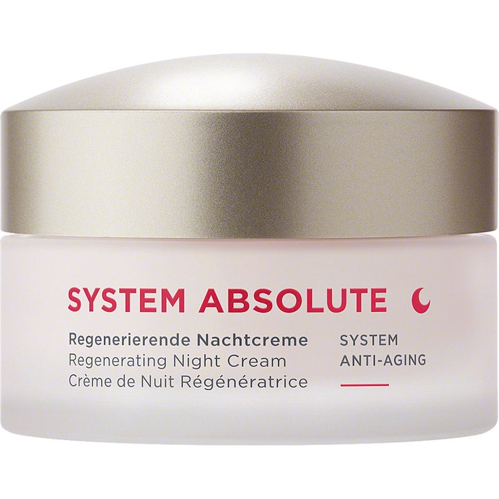 Annemarie Börlind System Absolute 50 ml regenererende nattkrem i frostet glasskrukke med elegant gullfarget lokk