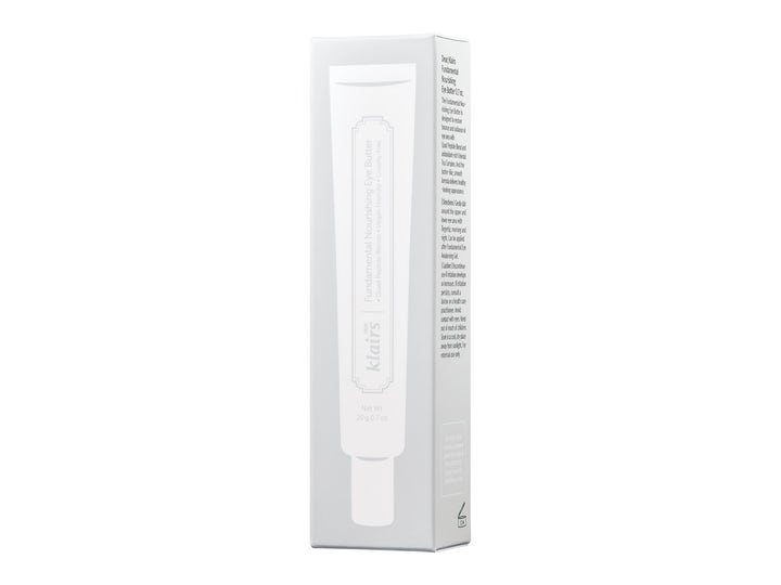 Klairs Fundamental Nourishing Eye Butter 20 g fuktighetsgivende øyekrem i hvit eske med bilde av tuben