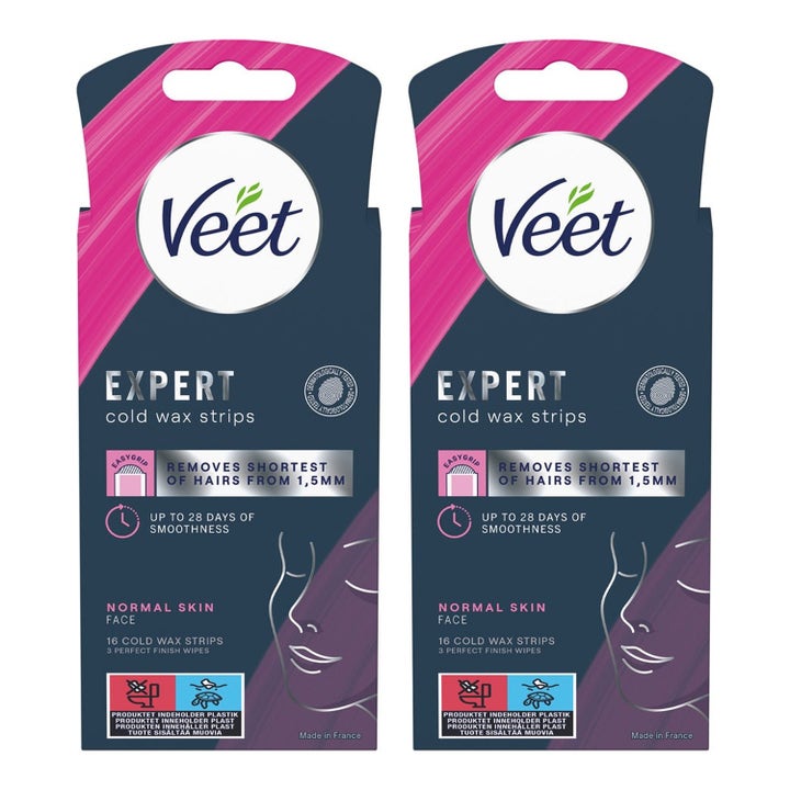Veet Expert Cold Wax Strips Face 16 voksstriper for ansiktshårfjerning i to mørkeblå og rosa esker