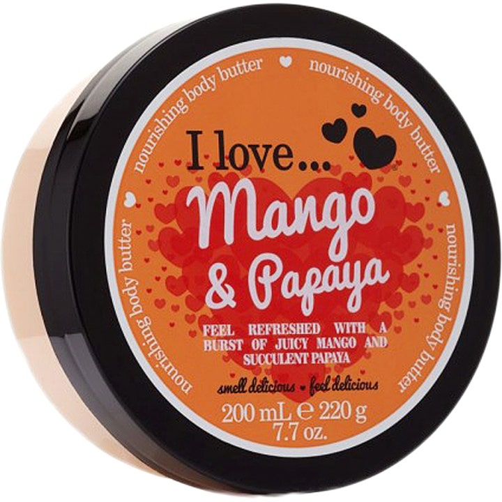 I Love Mango & Papaya 200 ml næringsgivende body butter i rund krukke med sort lokk og oransje hjerteetikett