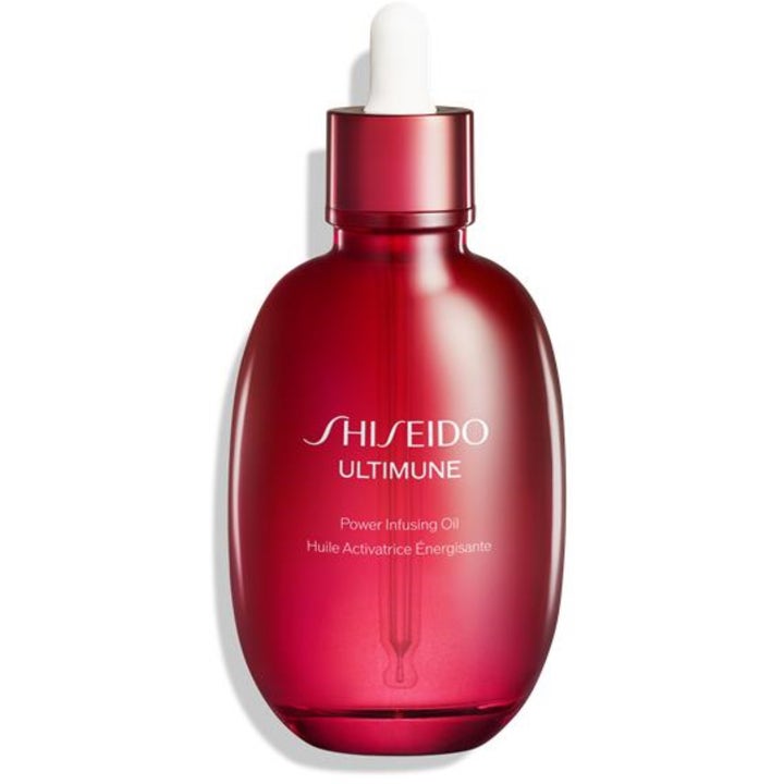 Shiseido Ultimune Power Infusing Oil energigivende ansiktsolje i rød oval glassflaske med hvit pipette