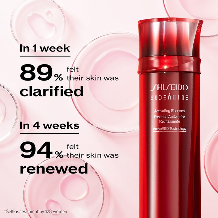 Shiseido Defend Eudermine Activating Essence 150 ml rød flaske med tekst om at 94 prosent følte huden ble fornyet