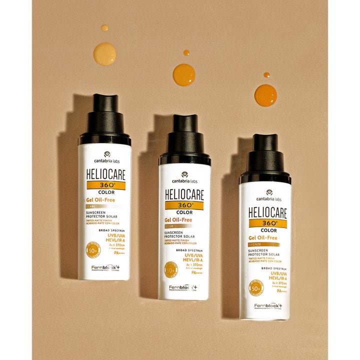 Heliocare 360 Color Gel Oil Free SPF 50 50 ml solkrem i tre nyanser med fargede gelédråper på beige bakgrunn