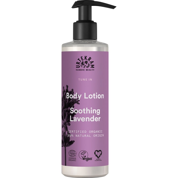 Urtekram Tune In Soothing Lavender Body Lotion 245 ml beroligende hudpleie i lilla flaske med sort pumpehode