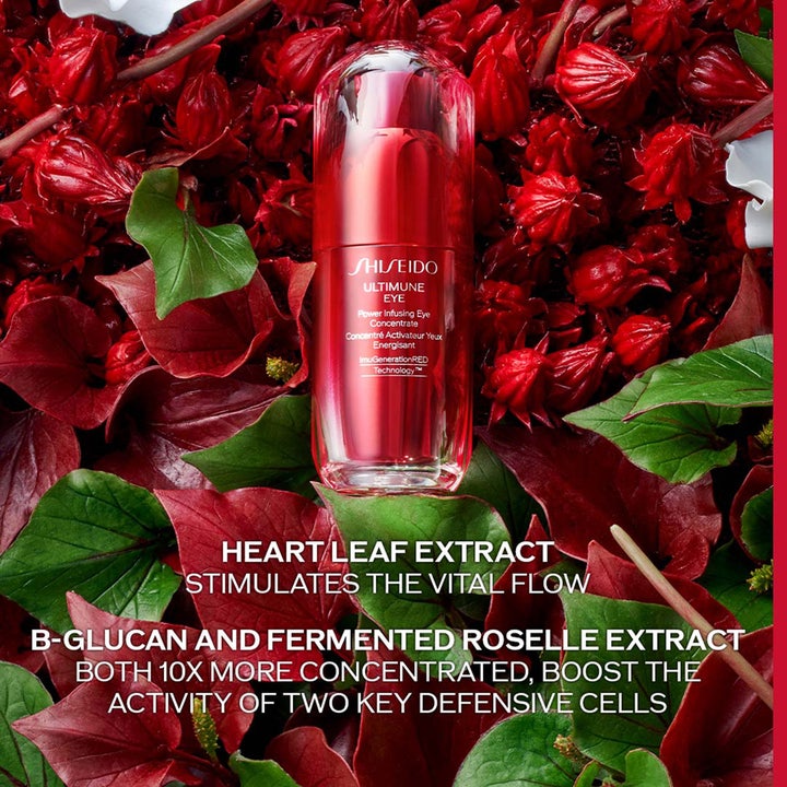 Shiseido Ultimune Power Infusing Eye Concentrate 15 ml øyekrem i rød flaske omgitt av hjerteblad
