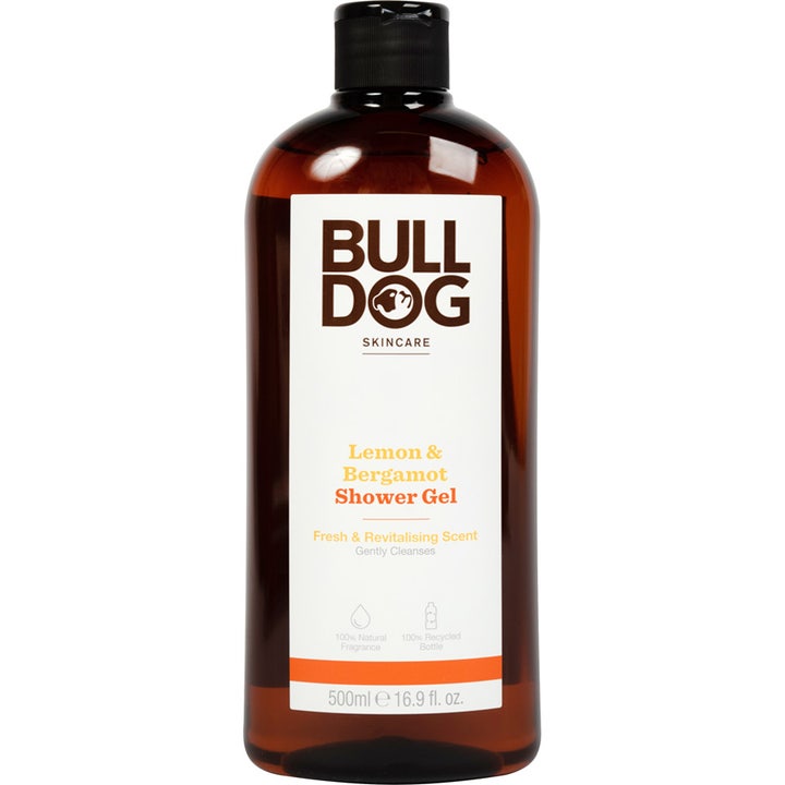 Bulldog Lemon &amp; Bergamot Shower Gel 500ml oppfriskende dusjsåpe i brun flaske med hvit etikett