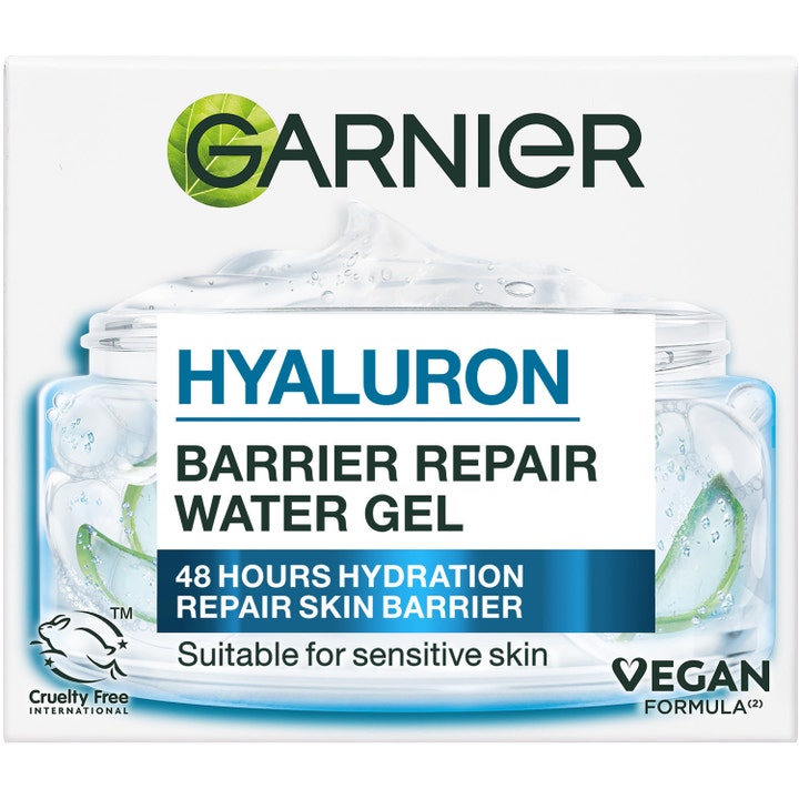 Garnier Hyaluron Barrier Repair 50 ml fuktighetsgivende ansiktsgel i hvit eske med bilde av krukke og vegansk logo.