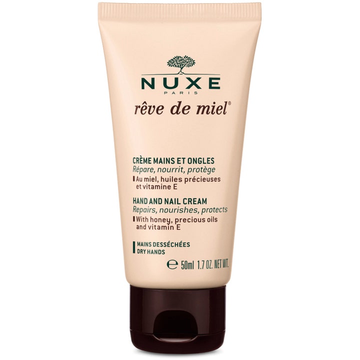Nuxe Rêve de Miel 50 ml reparerende håndkrem i beige tube med honning som gir fuktighet til tørre hender.