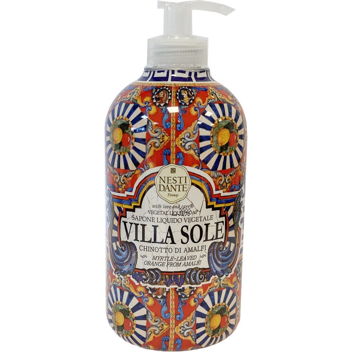 Nesti Dante Villa Sole 500 ml forfriskende flytende såpe i fargerik plastflaske med middelhavsmønster og hvit pumpe.