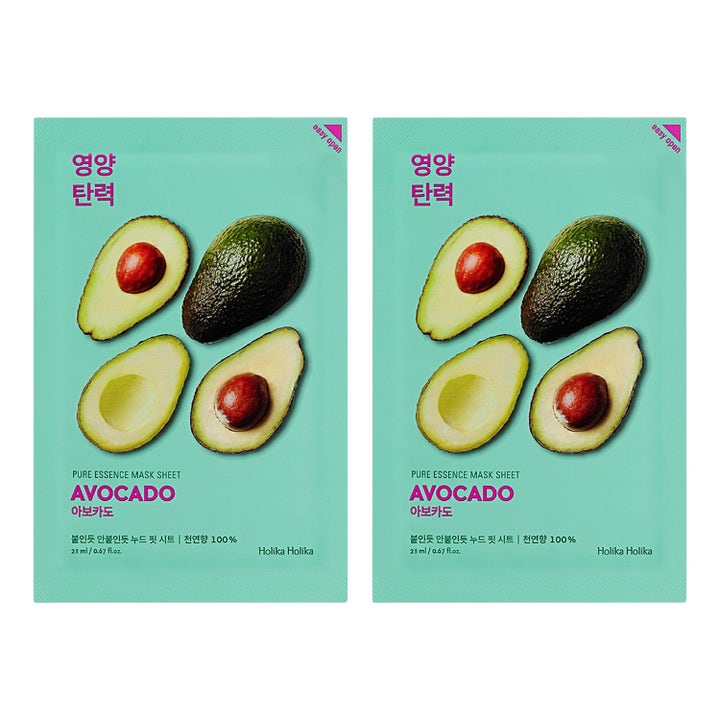 Holika Holika Pure Essence Mask Sheet Avocado 20 ml næringsgivende sheet mask i mintgrønn innpakning med avokado