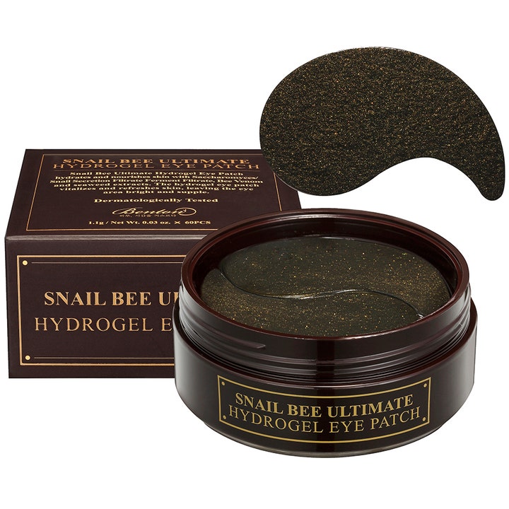 Benton Snail Bee Ultimate Hydrogel Eye Patch 60 stk fuktighetsgivende øyemasker med glitrende mørke patches i krukke.
