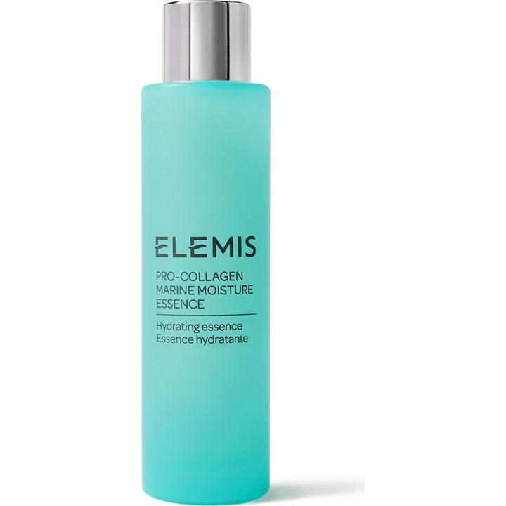 Elemis Pro-Collagen Marine Moisture Essence 100ml fuktgivende essens i frostet turkis flaske med et blankt sølvlokk
