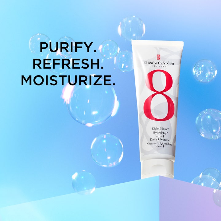 Elizabeth Arden Eight Hour Hydraplay Cleanser 125 ml ansiktsrens i hvit tube med rød logo og svevende bobler