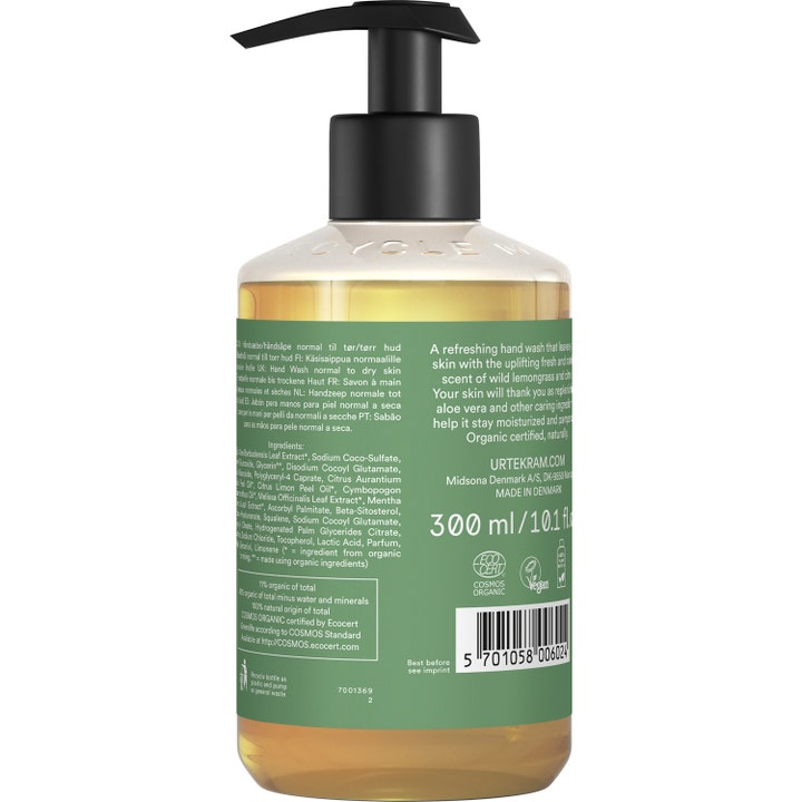Urtekram Hand Wash Wild Lemongrass 300 ml oppfriskende håndsåpe sett bakfra med ingrediensliste og svart pumpe.