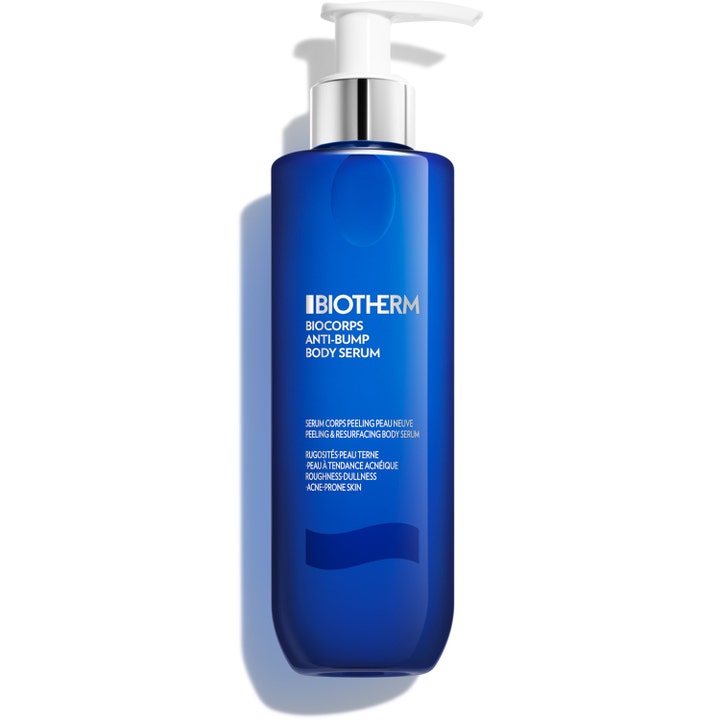 Biotherm Biocorps Anti-Bump Body Serum 200ml mot nupper i huden i en blå flaske med hvit pumpe og sølvdetaljer