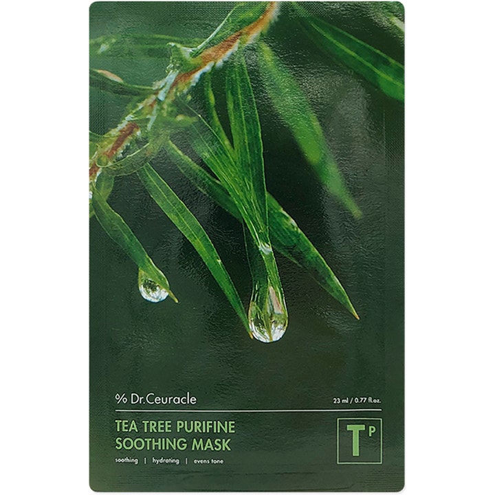 Dr.Ceuracle Tea Tree Purifine Soothing Mask 23 ml beroligende sheetmaske i grønn forpakning med blader og vanndråper