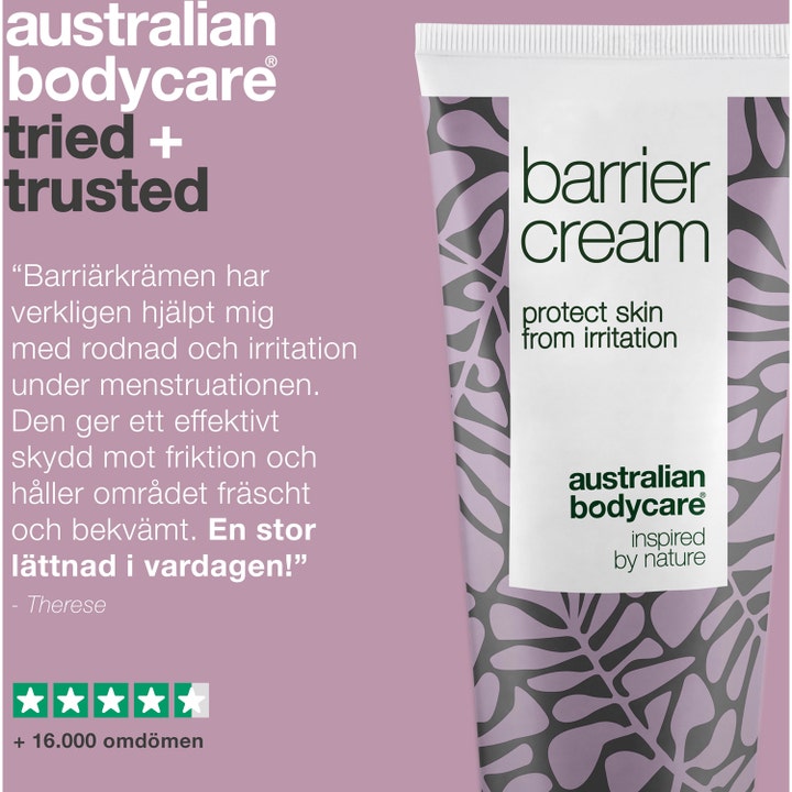 Australian Bodycare Barrier Cream 100 ml intimkrem mot friksjon vist med en kundeomtale og stjerner på lilla bakgrunn.