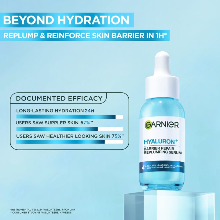 Garnier Hyaluron+ Barrier Repair 30 ml hyaluronsyreserum i blå flaske som styrker hudbarrieren på en time
