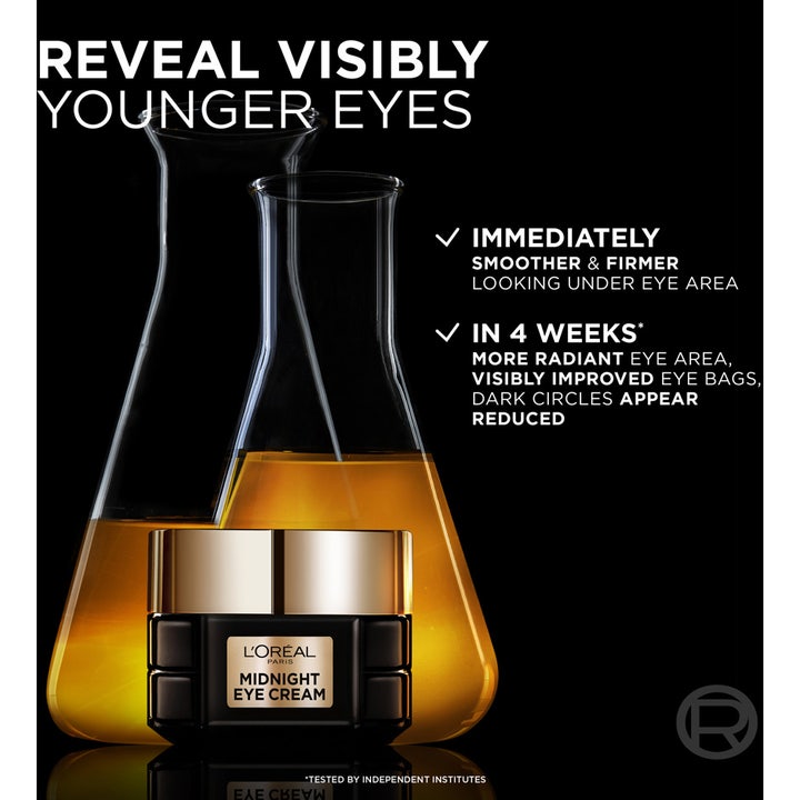 L'Oréal Paris Age Perfect Midnight Eye Cream 15 ml øyekrem i glasskrukke foran kolber med serum.