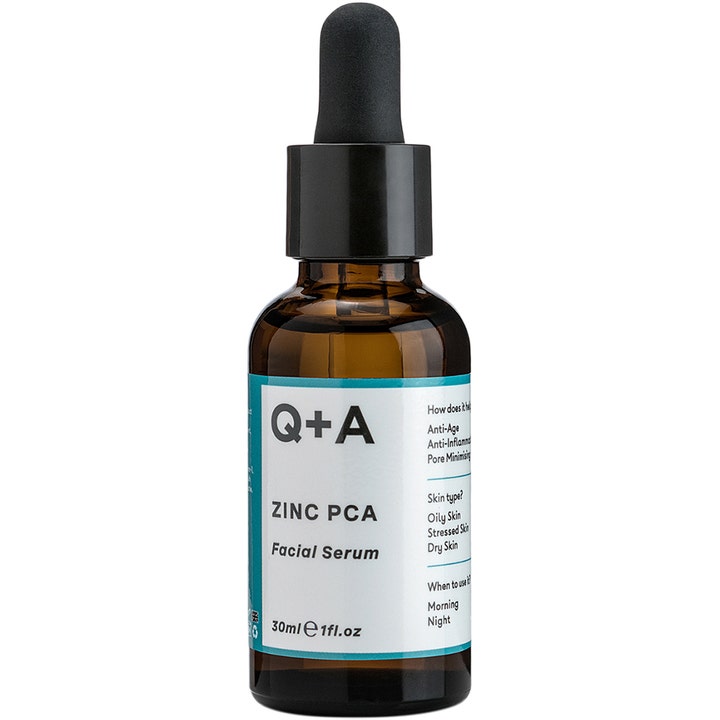 Q+A Zinc PCA Facial Serum 30ml poreminimerende ansiktsserum i brun glassflaske med sort pipette og hvit etikett.
