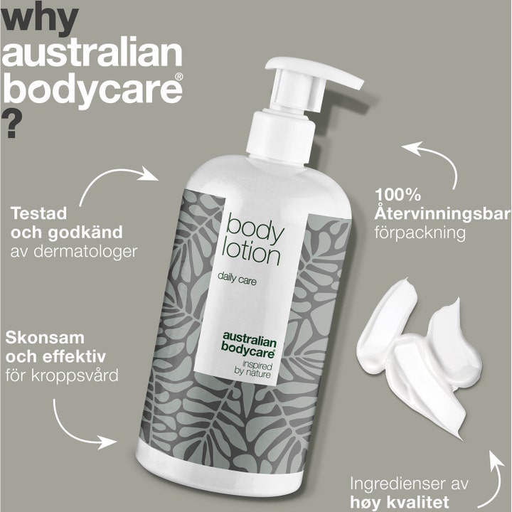 Australian Bodycare Body Lotion Tea Tree Oil 500 ml skånsom kroppspleie i hvit pumpeflaske med hvit kremet tekstur