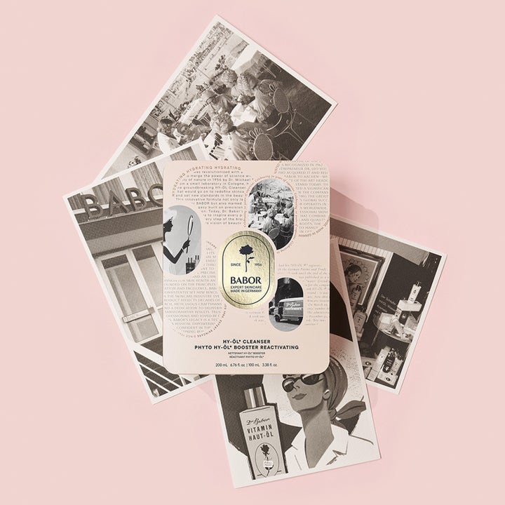 Babor Anniversary Set HY-ÖL &amp; Phyto Reactivating 300 ml rensesett omgitt av nostalgiske sorthvitt-bilder.