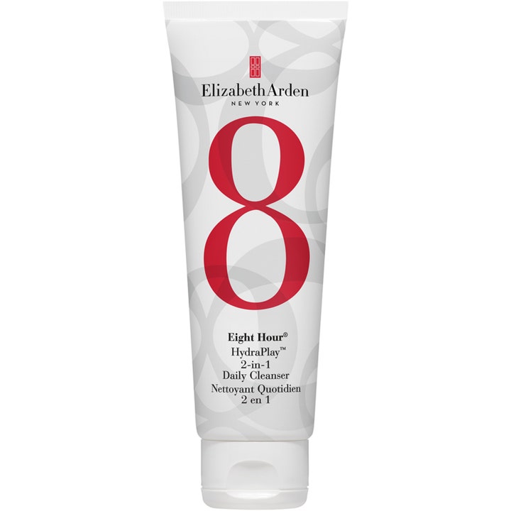 Elizabeth Arden Eight Hour HydraPlay 2-in-1 Daily Cleanser ansiktsrens i hvit tube med ikonisk rød 8-logo.