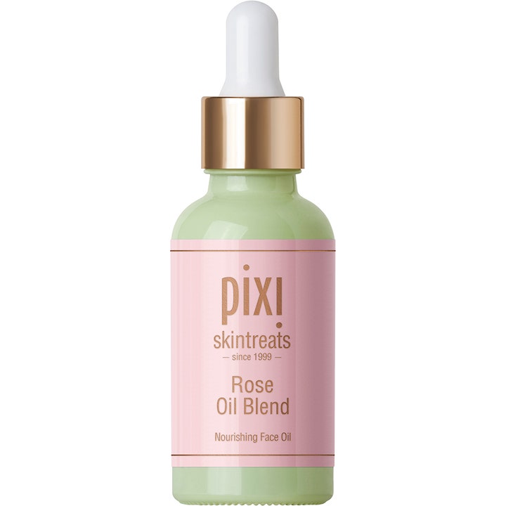 Pixi Rose Oil Blend 30 ml nærende ansiktsolje i lysegrønn glassflaske med rosa etikett og gullfarget pipette