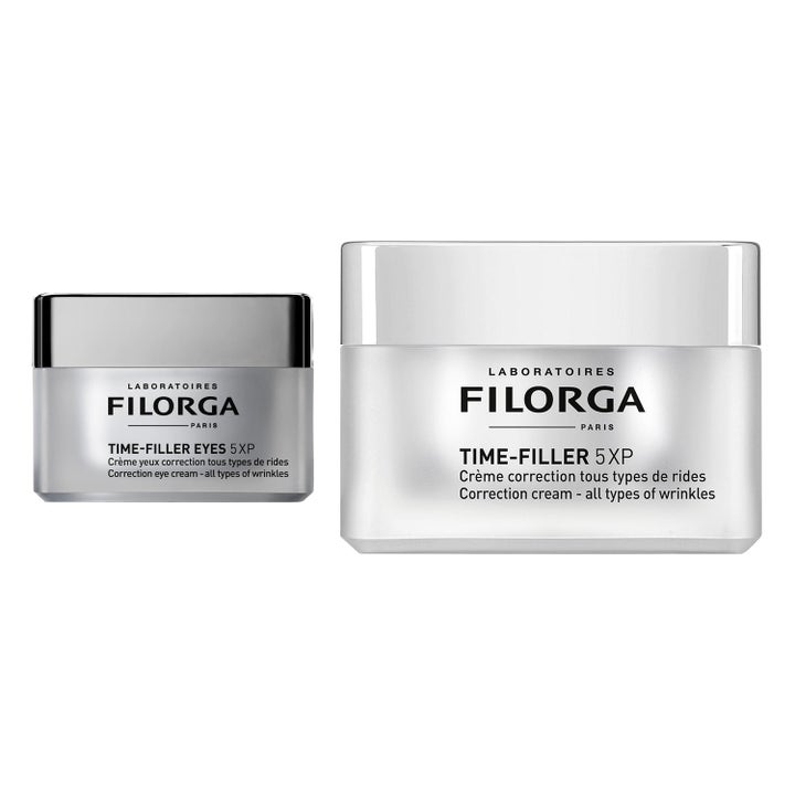 Filorga Time-Filler 5XP og Eyes 5XP rynkekorrigerende kremer i elegante sølvfargede og hvite krukker