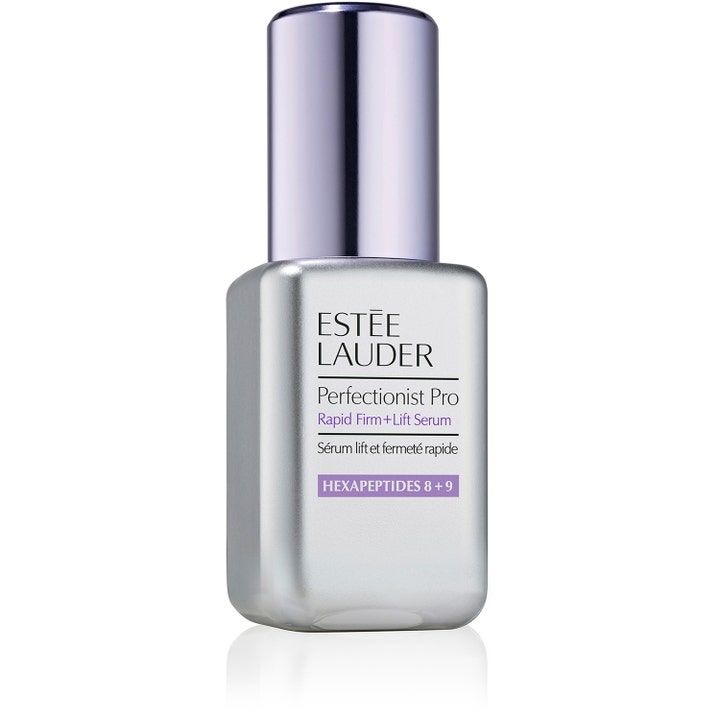 Estée Lauder Perfectionist Pro Rapid Firm + Lift Serum oppstrammende ansiktsserum i sølvflaske med lilla kork.