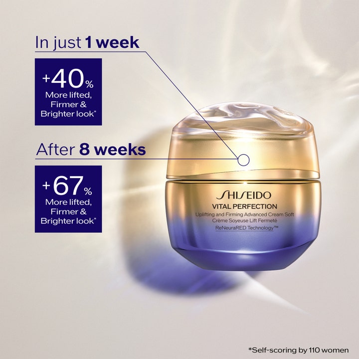 Shiseido Vital Perfection 50 ml oppstrammende ansiktskrem i gull og lilla krukke som gir 67 % fastere hud etter 8 uker.