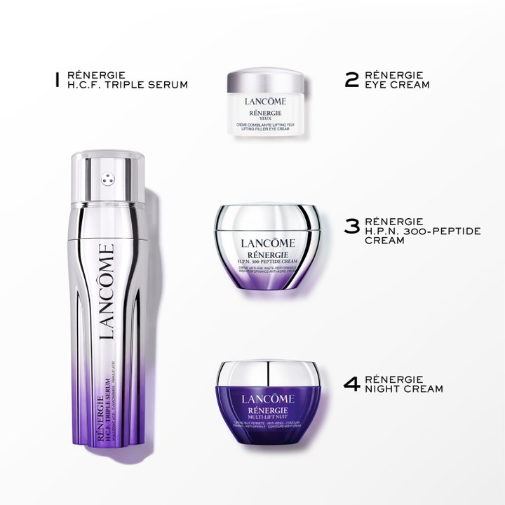 Lancôme Rénergie H.C.F. Triple Serum Face Routine Set 1 stk anti-aging hudpleiesett med fire produkter i lilla og sølv
