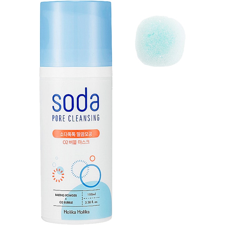Holika Holika Soda Pore Cleansing 100ml dyprensende ansiktsmaske i hvit pumpeflaske med lyseblått lokk og luftig skum