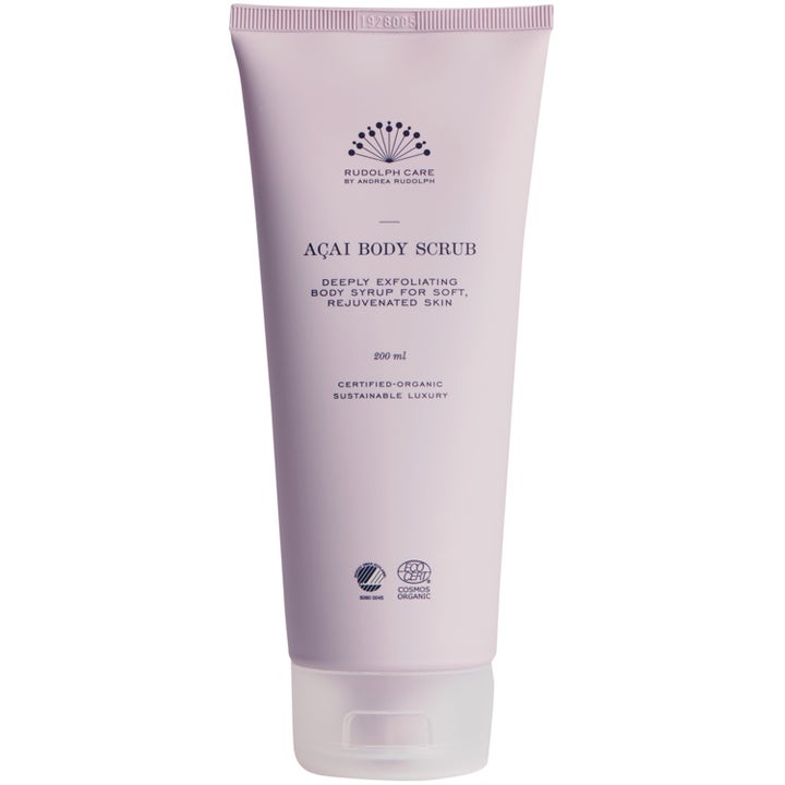Rudolph Care Açai Body Scrub 200 ml eksfolierende kroppsskrubb i lys lilla tube med hvit kork