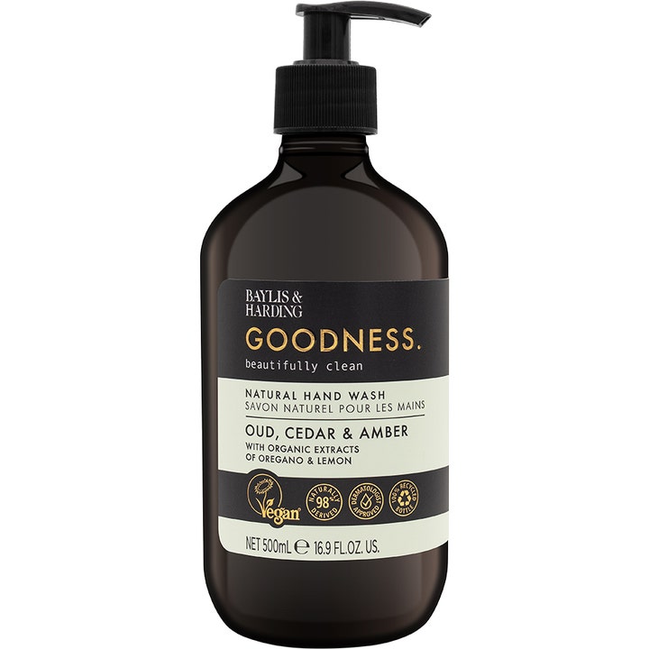 Baylis & Harding Goodness Oud Cedar & Amber 500 ml håndsåpe i mørk flaske med sort pumpe.
