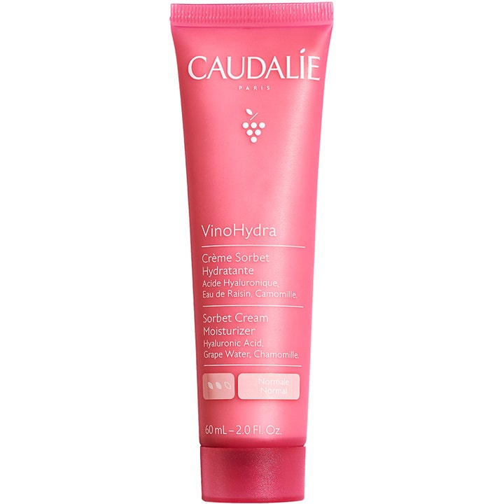 Caudalie VinoHydra Sorbet Cream 60 ml fuktighetsgivende ansiktskrem i en rosa tube med druelogo og mørkerosa kork