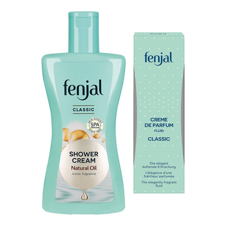 Fenjal Classic Shower Cream 200 ml fuktighetsgivende dusjkrem i turkis flaske ved siden av matchende eske.