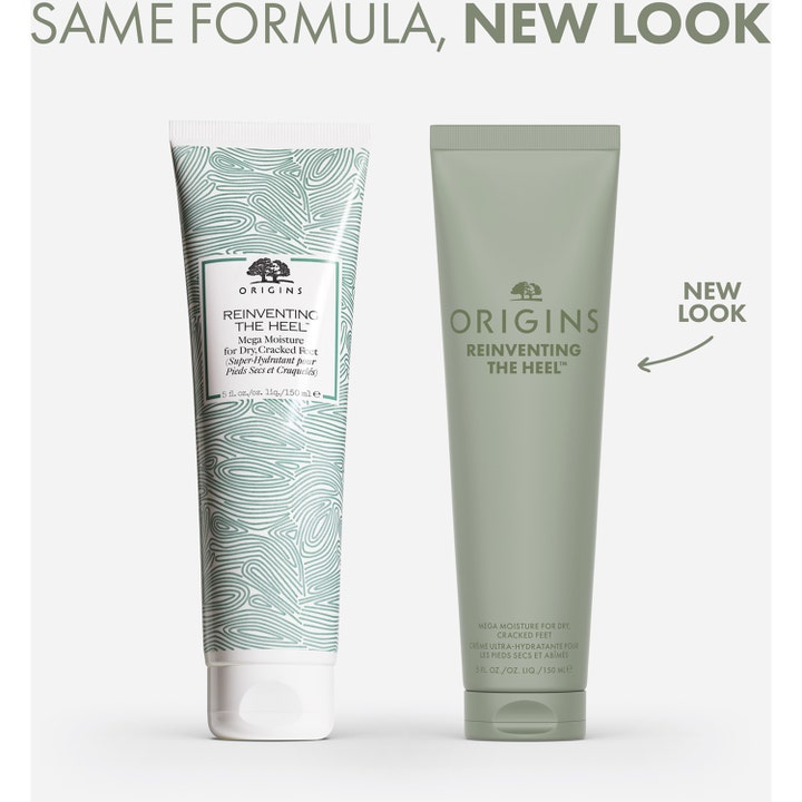 Origins Reinventing The Heel 150 ml fotkrem som viser gammelt og nytt design på tubene