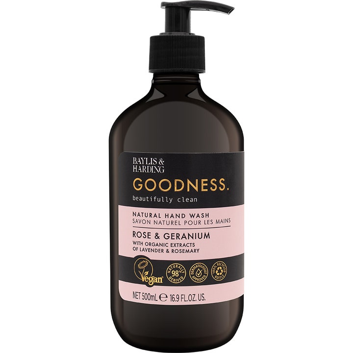 Baylis & Harding Goodness Rose & Geranium 500 ml rensende håndsåpe i mørk flaske med svart pumpe og rosa etikett.