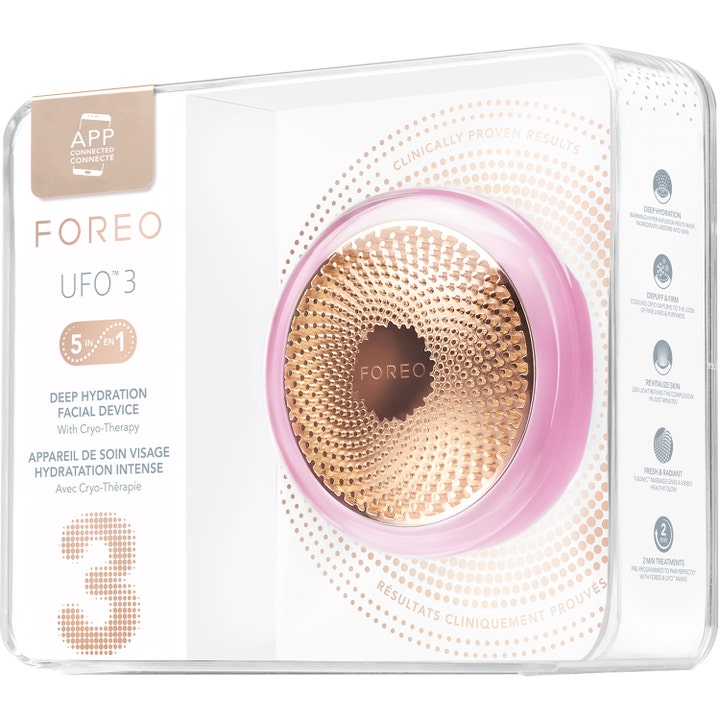 FOREO UFO 3 Pearl Pink 1 stk fuktighetsgivende beauty tech i gjennomsiktig eske med rosegullplate