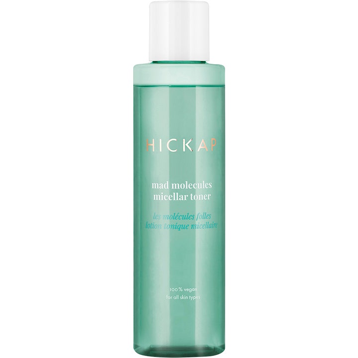 Hickap Mad Molecules Micellar Toner 200ml rensende ansiktsvann i en turkis gjennomsiktig flaske med hvit kork