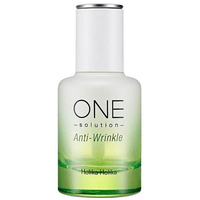 Holika Holika One Solution Anti-Wrinkle 30ml serum motvirker rynker i frostet glassflaske med grønn ombre og hvit kork