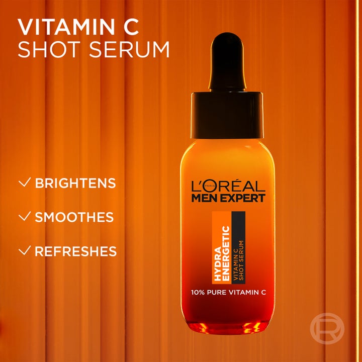 L'Oréal Paris Men Expert Hydra Energetic Vitamin C Serum 30 ml oppfriskende serum i oransje glassflaske med pipette.