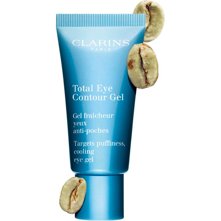 Clarins Total Eye Gel 20 ml kjølende øyekrem mot poser under øynene i blå tube med kaffebønner