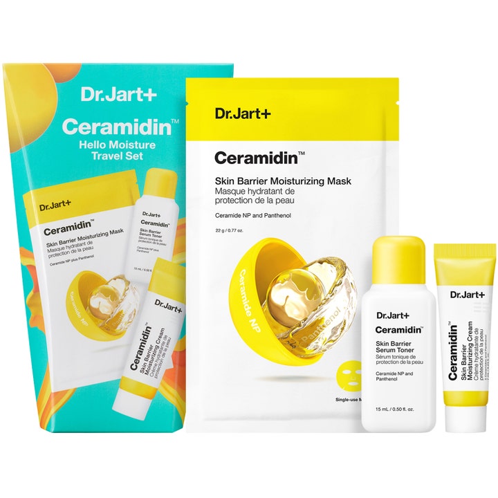 Dr. Jart+ Ceramidin Hello Moisture Travel Set fuktighetsgivende kit med ansiktsmaske toner og krem i hvit og gul design