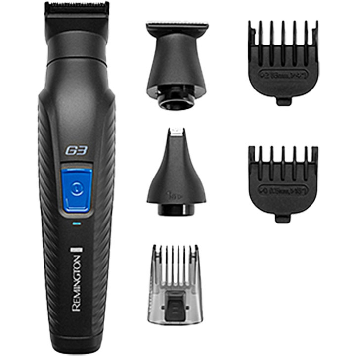 Remington PG3000 G3 Graphite Series Pers Groomer 1 stk skjeggetrimmer med blå knapp og fem ulike tilbehørshoder