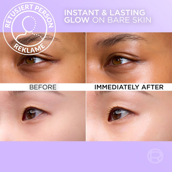 L'Oréal Paris Revitalift Filler Glass Skin Liquid Cream 50 ml ansiktskrem gir umiddelbar glød vist med før og etter bilder.